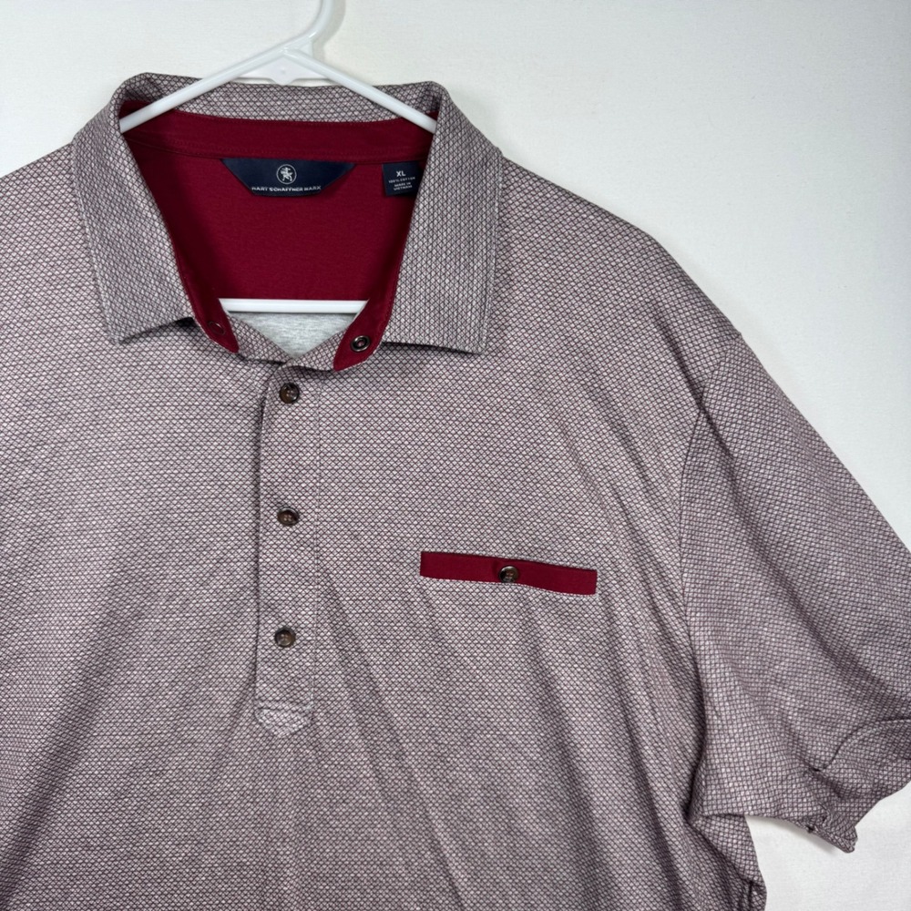 Hart Schaffner Marx Mens XL Polo Shirt Burgundy Geometric Diamond Print Cotton